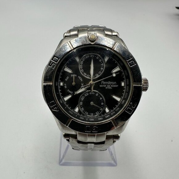 Armitron Watch Men Silver Tone Black Dial Multifunction Day Date New Battery - Picture 2 of 11